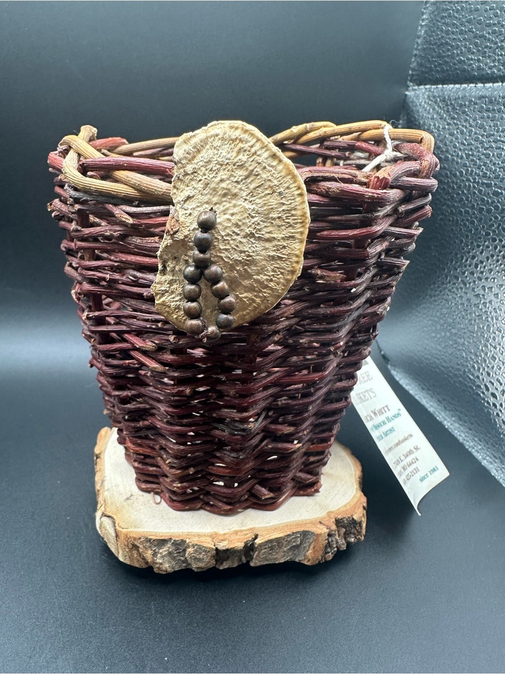 Bent Tree Baskets by Marcia Whitt Woven Rustic Basket w Natural Wood Base 2007